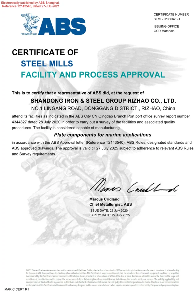 Certificado ABS (American Bureau of Shipping) en poder de la acería, número STML-T2066628-1