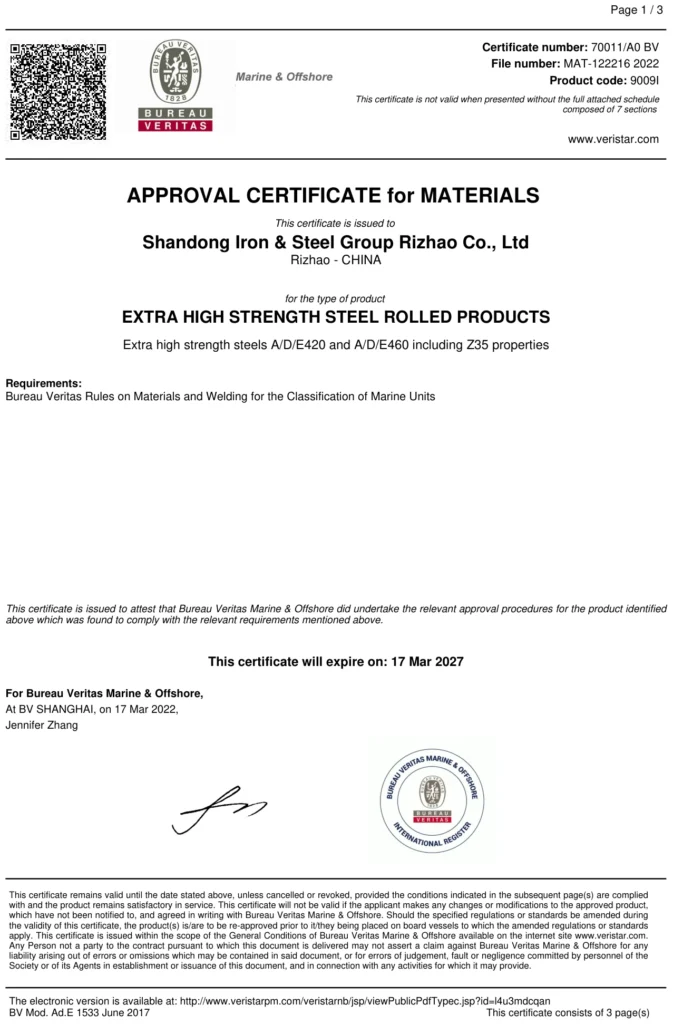 Certificado Bureau Veritas en poder de la acería, número 70011/A0 BV