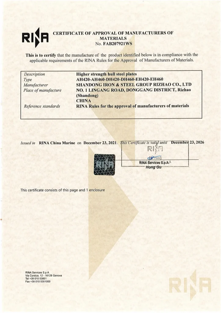 Certificado RINA en poder de la acería, número FAB207921WS