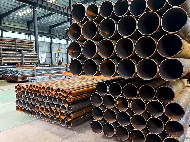 Large-diameter steel pipes stacked by size in the warehouse