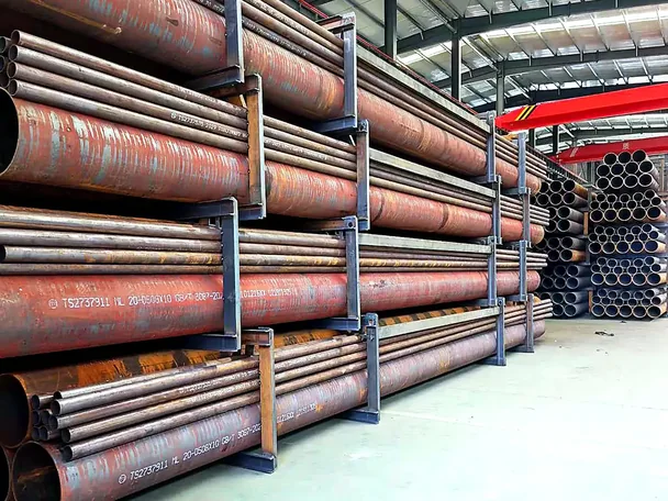 Steel pipe bundles on racking with strapping in the workshop