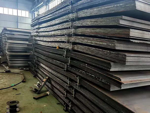 Steel plates and beams stacked in the warehouse