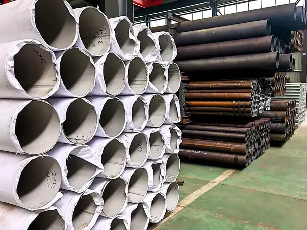 Steel pipe end view — bundles stacked for export loading