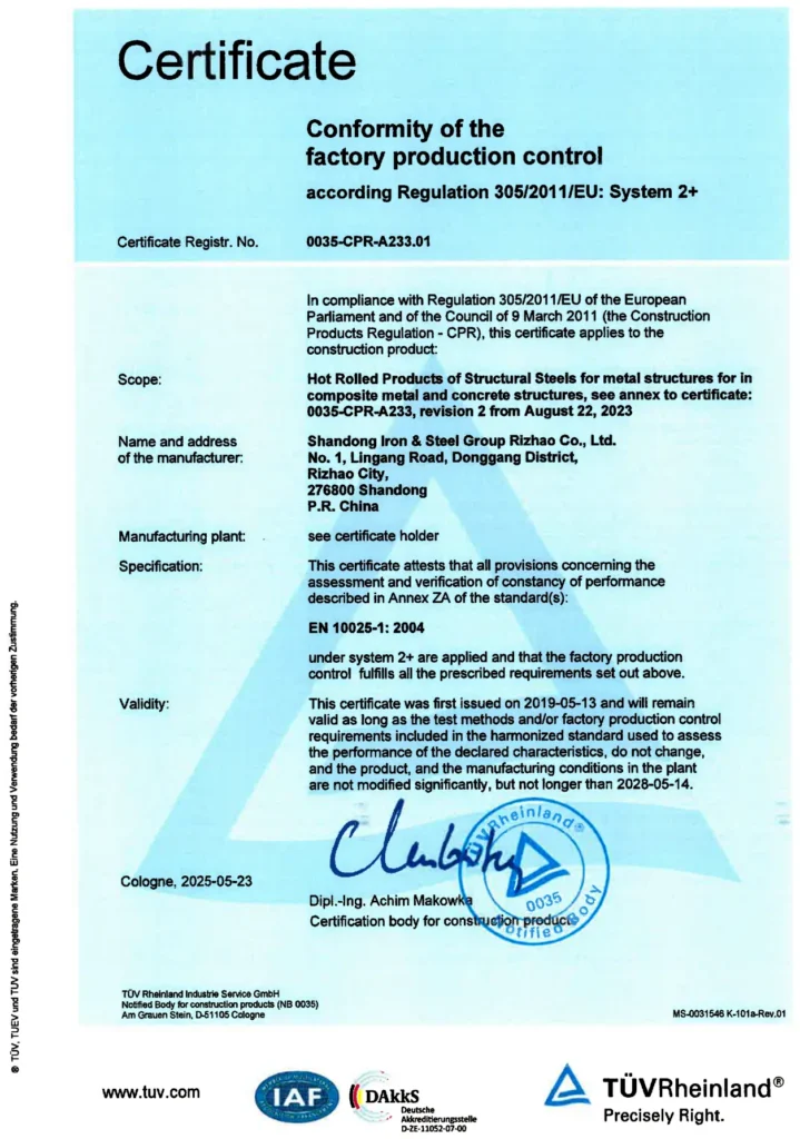 Certificado CPR — Reglamento UE 305/2011, sistema 2+ en poder de la acería, número 0035-CPR-A233.01