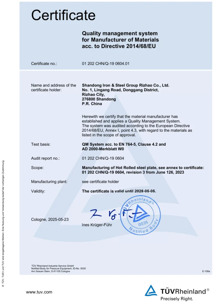 Certificado PED — Directiva UE 2014/68/UE en poder de la acería, número 01 202 CHN/Q-19 0604.01